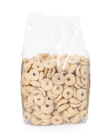 Photo for Tasty cereal rings in bag isolated on white - Royalty Free Image