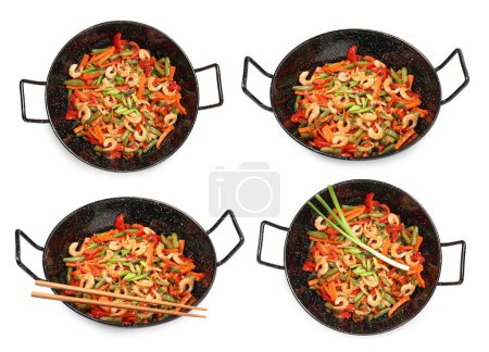 Woks with shrimp stir fry and vegetables isolated on white, set