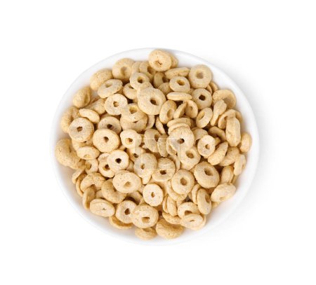 Photo for Tasty cereal rings in bowl isolated on white, top view - Royalty Free Image