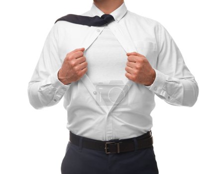 Foto de Hombre de negocios con traje de superhéroe debajo del traje sobre fondo blanco, primer plano - Imagen libre de derechos
