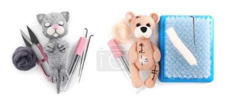 Felted toys, wool and different tools isolated on white, top view