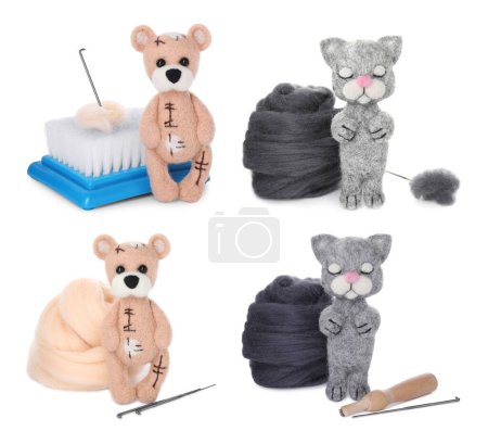 Felted toys, wool and different tools isolated on white, set