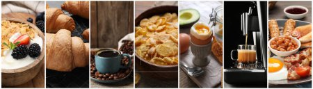Foto de Surtido de sabrosos desayunos. Collage con diferentes comidas y bebidas - Imagen libre de derechos