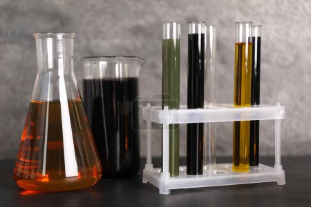 Test tubes, beaker and flask with different types of oil on grey table
