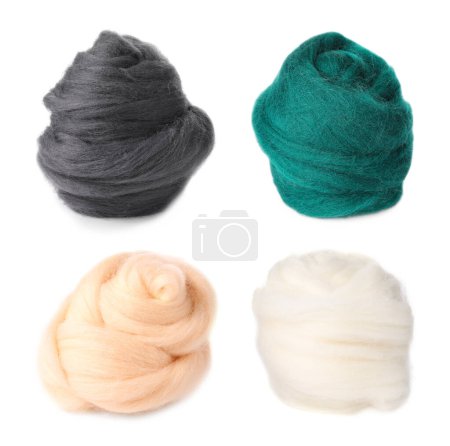 Colorful felting wool isolated on white, set