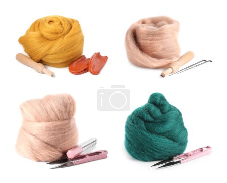 Colorful felting wool and tools isolated on white, set