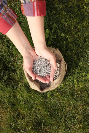Woman with fertilizer on green grass outdoors, top view