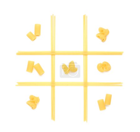 Photo for Tic tac toe game made with different types of pasta isolated on white, top view - Royalty Free Image