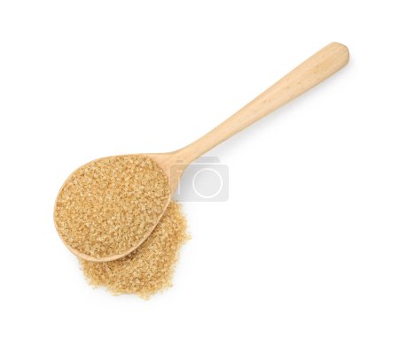 Pile of brown sugar and wooden spoon isolated on white, top view