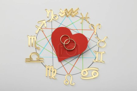 Foto de Rueda del zodíaco con corazón rojo y anillos de boda sobre fondo gris, plano - Imagen libre de derechos