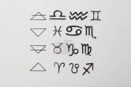 Triplicité du zodiaque. Quatre éléments et signes correspondants sur fond gris, pose plate