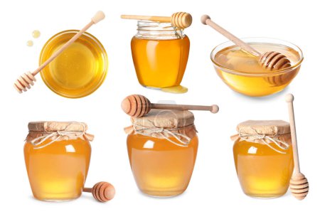 Natural honey, glass jars and dippers isolated on white, set