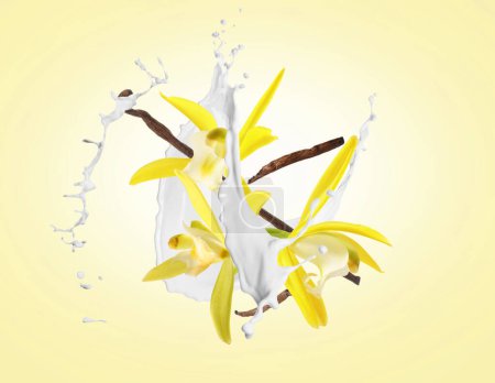 vainas de vainilla y flores con salpicadura de leche en el aire sobre fondo amarillo pálido