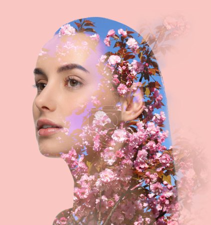Photo for Double exposure of beautiful woman and blooming flowers on pink background - Royalty Free Image