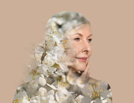 Photo for Double exposure of beautiful woman and blooming flowers on color background - Royalty Free Image