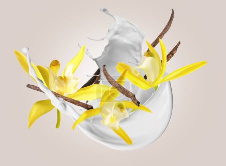 Photo for Vanilla pods and flowers with splash of milk in air on beige background - Royalty Free Image