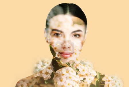 Photo for Double exposure of beautiful woman and blooming flowers on beige background - Royalty Free Image