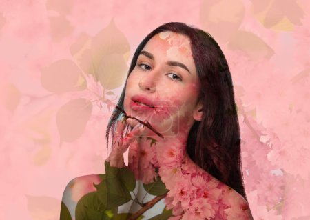 Photo for Double exposure of beautiful woman and blooming flowers on pink background - Royalty Free Image