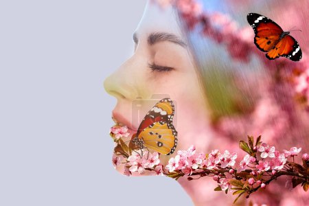 Photo for Double exposure of beautiful woman, blooming flowers and butterflies on light background - Royalty Free Image