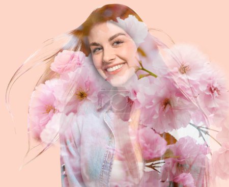 Photo for Double exposure of beautiful woman and blooming flowers on beige background - Royalty Free Image