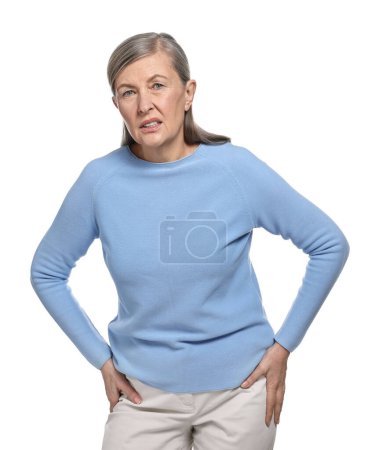 Symptome einer Arthritis. Frau leidet unter Hüftgelenkschmerzen auf weißem Hintergrund