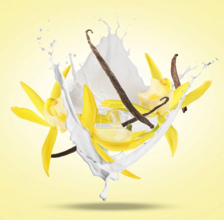 Vanilla pods and flowers with splash of milk in air on pale yellow background