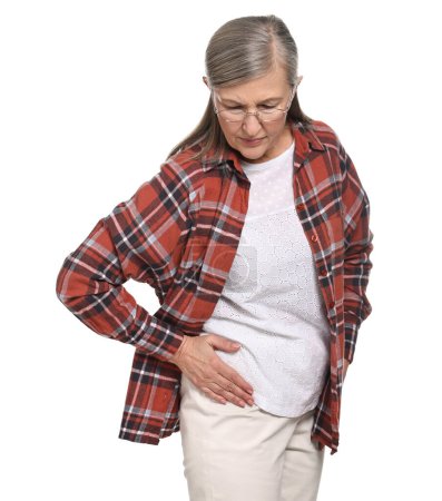 Photo for Arthritis symptoms. Woman suffering from hip joint pain on white background - Royalty Free Image
