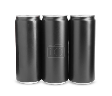 Foto de Bebidas energéticas en latas negras aisladas en blanco - Imagen libre de derechos