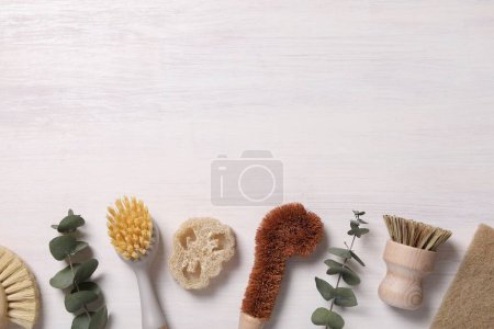 Téléchargez les photos : Brosses de nettoyage, feuilles de loofah et d'eucalyptus sur table en bois clair, pose plate. Espace pour le texte - en image libre de droit