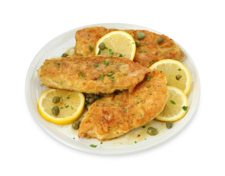 Delicious chicken piccata with herbs isolated on white