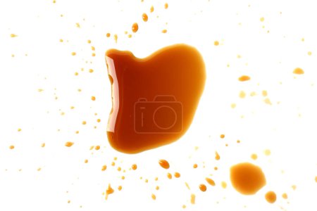 Tasty soy sauce isolated on white, top view