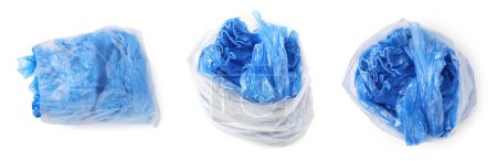 Cubiertas de zapatos médicos azules en paquetes aislados en blanco, set