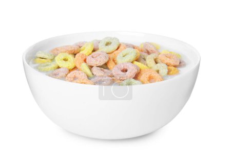 Photo for Tasty colorful cereal rings and milk in bowl isolated on white - Royalty Free Image