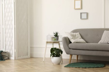 Téléchargez les photos : Chambre élégante avec écran pliant et canapé près du mur blanc. Design d'intérieur - en image libre de droit