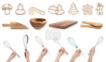 Women holding different whisks, set of closeup photos. Different kitchen utensils on white background