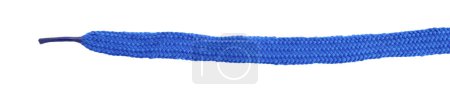 Stylish blue shoe lace isolated on white, top view