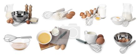 Fouets et différents ingrédients isolés sur blanc, collection