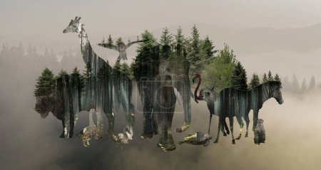 Double exposure of wild animals and mountain landscape, banner design
