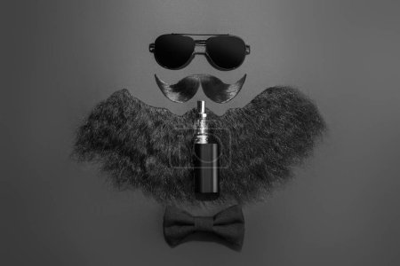 Téléchargez les photos : Composition à plat avec moustache artificielle et barbe sur fond noir - en image libre de droit