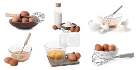 Whisks and different ingredients isolated on white, collection