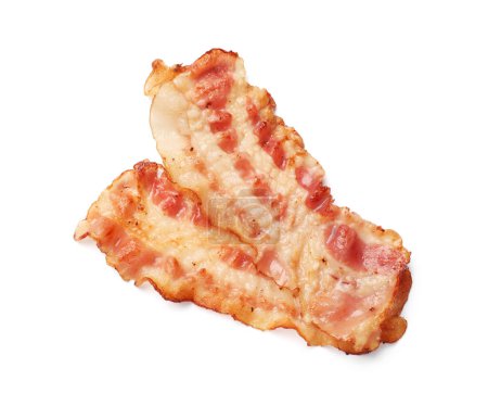 Photo for Delicious fried bacon slices isolated on white, top view - Royalty Free Image