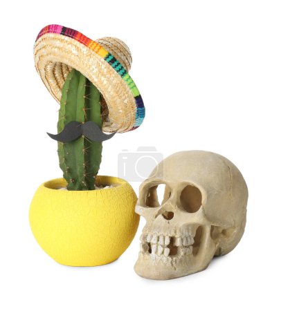Téléchargez les photos : Cactus avec chapeau de sombrero mexicain, fausse moustache et scull humain isolé sur blanc - en image libre de droit