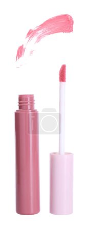 Lip gloss. Sample, bottle and wand on white background