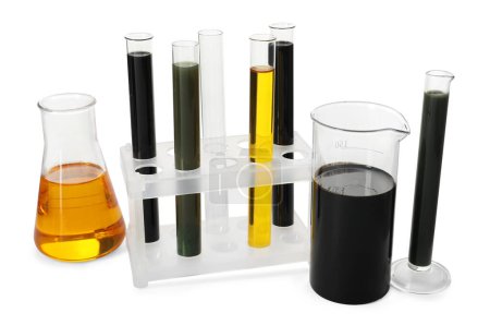 Photo for Test tubes, beaker and flask with different types of oil isolated on white - Royalty Free Image