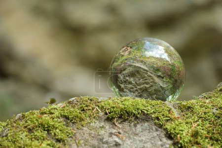Schöner Wald, umgeworfenes Spiegelbild. Kristallkugel auf Steinoberfläche mit Moos im Freien. Raum für Text