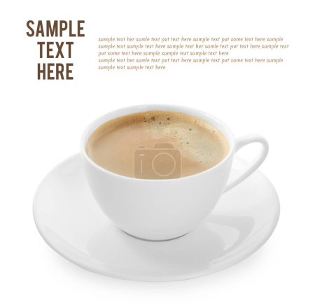 Foto de Café aromático en taza y muestra de texto sobre fondo blanco - Imagen libre de derechos