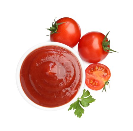 Photo for Tasty ketchup in bowl, parsley and fresh tomatoes isolated on white, top view - Royalty Free Image