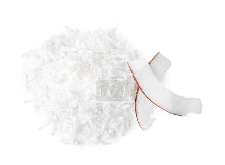 Photo for Pile of coconut flakes isolated on white, top view - Royalty Free Image