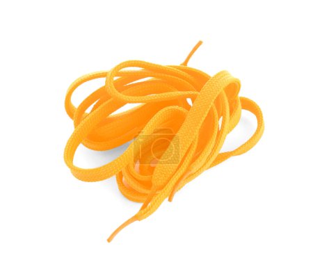 Foto de Elegantes cordones de zapato naranja aislados en blanco, vista superior - Imagen libre de derechos