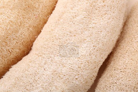 Natural loofah sponges as background, closeup view